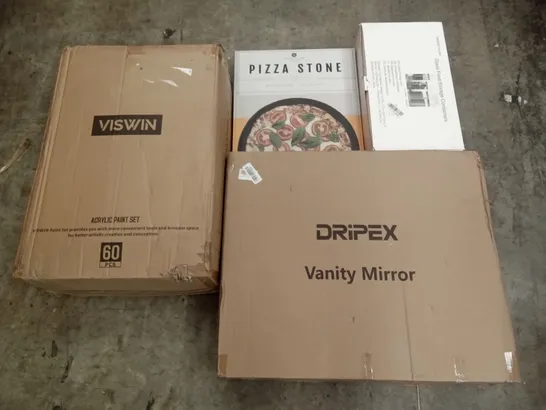 PALLET OF ASSORTED ITEMS INCLUDING PIZZA STONE, DRIPEX VANITY MIRROR, VISWIN ACRYLIC PAINT SET, GLASS FOOD STORAGE CONTAINERS, HOMIDEC DRYING RACK, THREE LAYERS OF CLOTHES HANGER 