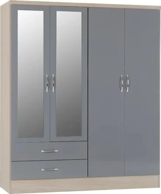 BOXED NEVADA 4 DOOR WARDROBE GREY GLOSS/ LIGHT OAT (3 BOXES)