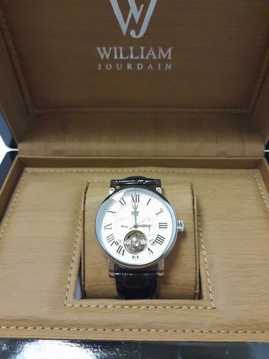 WILLIAM JOURDAIN PART SKELETON WAVE DIAL LEATHER STRAP WATCH