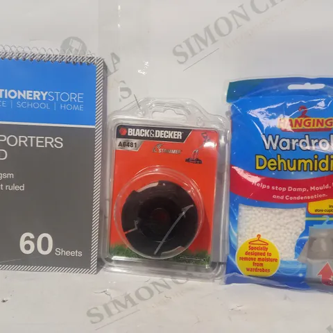 LOT OF APPROXIMATELY 10 ASSORTED HOUSEHOLD ITEMS TO INCLUDE HANGING WARDROBE DEHUMIDIFIER, BLACK & DECKER STRIMMER, REPORTERS PAD, ETC