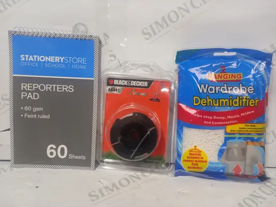 LOT OF APPROXIMATELY 10 ASSORTED HOUSEHOLD ITEMS TO INCLUDE HANGING WARDROBE DEHUMIDIFIER, BLACK & DECKER STRIMMER, REPORTERS PAD, ETC