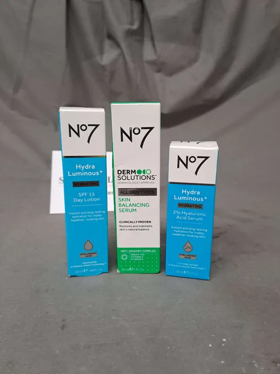 LOT OF 3 NO7 SKINCARE PRODUCTS TO INCLUDE SUN LOTION 50ML AND SKIN BALANCING SERUM 30ML