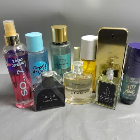 BOX OF APPROXIMATELY 10 ASSORTED UNBOXED FRAGRANCES TO INCLUDE - SOL DE JANEIRO AFTER HOURS PERFUME MIST - VICTORIA'S SECRET AQUA KISS FRAGRANCE MIST - PACO RABANNE 1 MILLION EAU DE TOILETTE - ETC - C