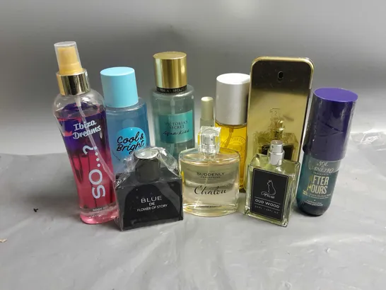 BOX OF APPROXIMATELY 10 ASSORTED UNBOXED FRAGRANCES TO INCLUDE - SOL DE JANEIRO AFTER HOURS PERFUME MIST - VICTORIA'S SECRET AQUA KISS FRAGRANCE MIST - PACO RABANNE 1 MILLION EAU DE TOILETTE - ETC - C