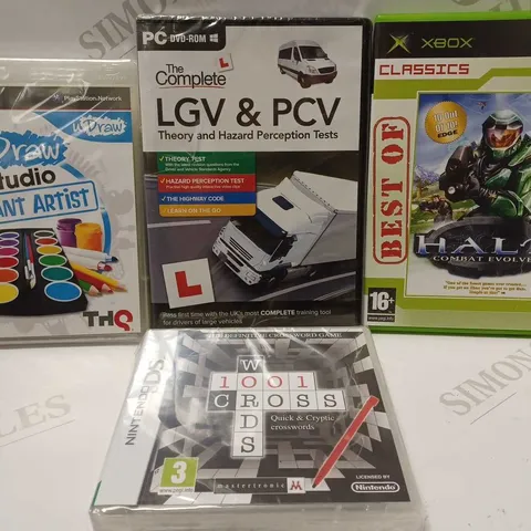 LOT OF 4 ASSORTED DISCS TO INCLUDE PS3 UDRAW STUDIO, XBOX CLASSICS HALO, NINTENDO DS WORDS CROSS, ETC 