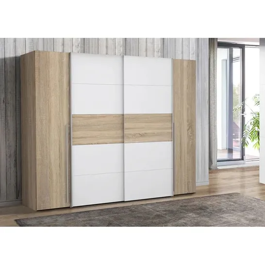 BOXED DEBARR 4 DOOR SLIDING WARDROBE SONOMA OAK/WHITE (4 BOXES)