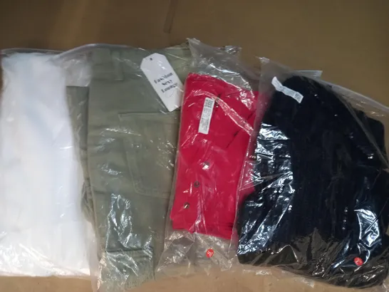 BOX OF APPROXIMATELY 10 ASSORTED CLOTHING AND FASHION ITEMS OF VARIOUS COLOURS AND STYLES