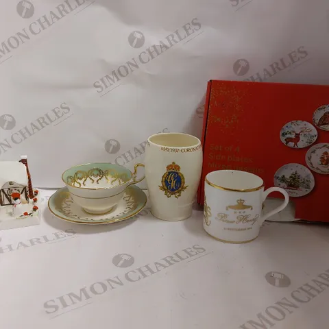 BOX OF APPROX 5 ITEMS TO INCLUDE M&S CHRISTMAS SIDE PLATES, CERAMIC CHRISTMAS DECORATION, COMMEMORATIVE JUGS 