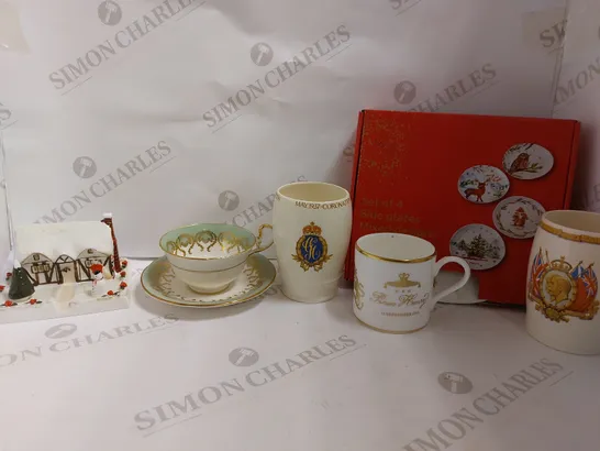 BOX OF APPROX 5 ITEMS TO INCLUDE M&S CHRISTMAS SIDE PLATES, CERAMIC CHRISTMAS DECORATION, COMMEMORATIVE JUGS 