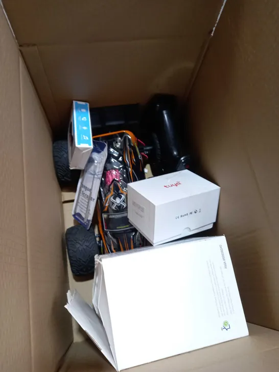 BOX OF APPROXIMATELY 5 ITEMS TO INCLUDE REMOTE CONTROL CAR, HOME MONITOR KIT, SLEEP HEADPHONES ETC