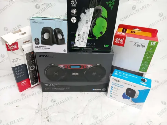 LARGE QUANTITY OF ASSORTED ELECTRICALS TO INCLUDE; ONE FOR ALL AERIAL, TAPO HOME SECURITY WI FI CAMERA, BLUETOOTH CD BOOMBOX AND USB POWERED STEREO SPEAKERS