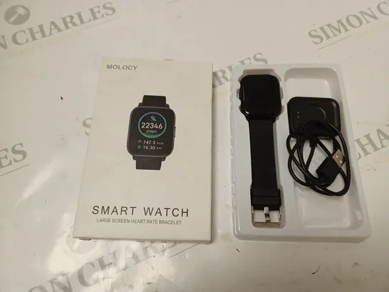 BOXED MOLOCY LARGE SCREEN HEART RATE SMART WATCH, IN BLACK. WITH CHARGING BASE AND USB CABLE