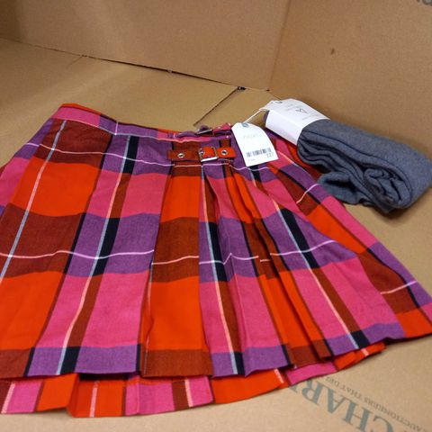 NEXT LARGE CHECK RED/PINK PLEATED SKIRT/GREY TIGHTS SET - AGE 11YRS