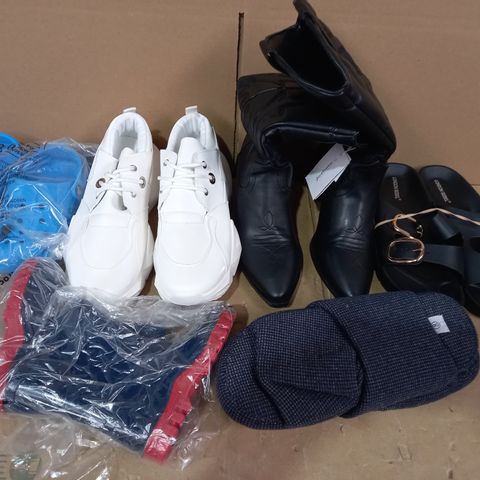 BOX OF APPROXIMATELY 20 ASSORTED DESIGNER FOOTWEAR ITEMS TO INCLUDE NAVY SLIPPERS UK SIZE 8, BLACK SANDALS EU SIZE 39, WHITE SHOES EU SIZE 39, ETC