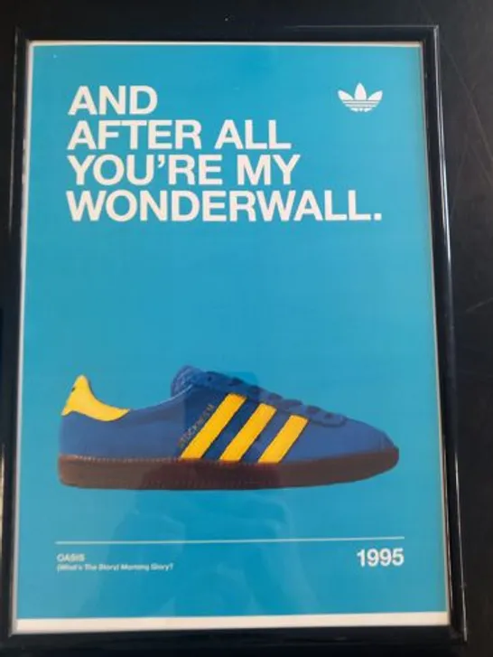 FIVE FRAMED ADIDAS CASUALS/MANCHESTER MUSIC SCENE INSPIRED PRINTS TO INCLUDE BLUE MONDAY/MANCHESTERS, LIVE FOREVER/HAMBURGS AND WONDERWALL/STOCKHOLMS