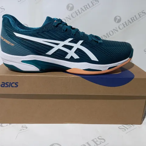 BOXED PAIR OF ASICS SOLUTION SPEED FF 2 INDOOR TRAINERS IN TEAL/WHITE UK SIZE 9