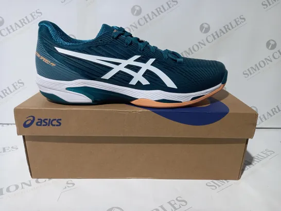 BOXED PAIR OF ASICS SOLUTION SPEED FF 2 INDOOR TRAINERS IN TEAL/WHITE UK SIZE 9