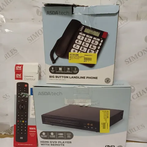 BOX OF APPROXIMATELY 25 ASSORTED ELECTRICALS TO INCLUDE ONE FOR ALL CONTOUR UNIVERSAL REMOTE, HDMI DVD PLAYER WITH REMOTE, BIG BUTTON LANDLINE PHONE, ETC