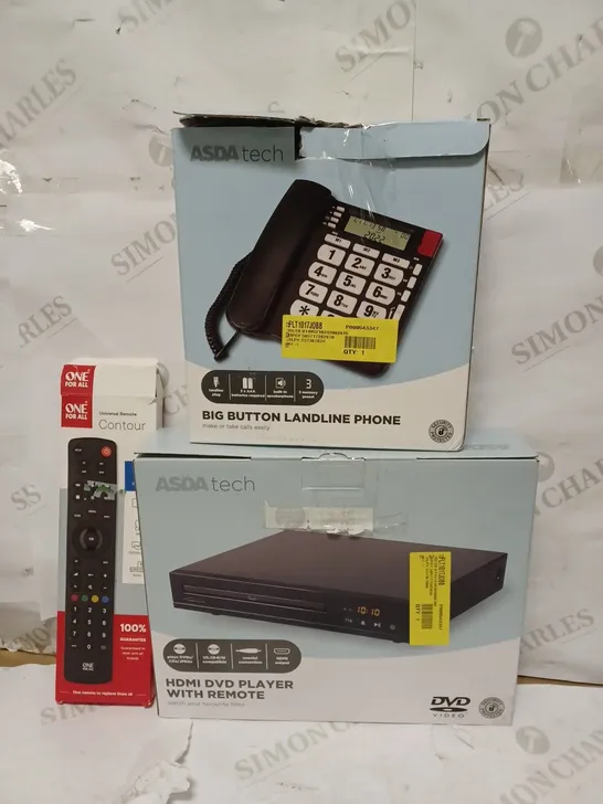 BOX OF APPROXIMATELY 25 ASSORTED ELECTRICALS TO INCLUDE ONE FOR ALL CONTOUR UNIVERSAL REMOTE, HDMI DVD PLAYER WITH REMOTE, BIG BUTTON LANDLINE PHONE, ETC