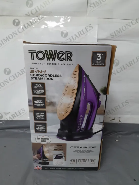 BOXED TOWER 2 IN 1 CERAGLIDE CORD/CORDLESS STEAM IRON 2400 WATT PURPLE