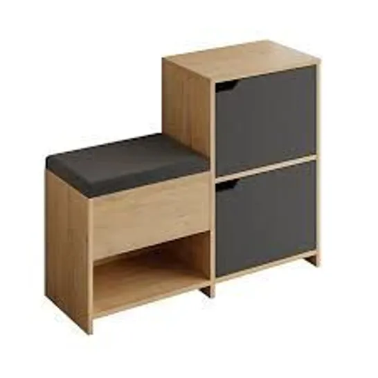 BOXED DECORTIE MODERN HAVEN SHOE BENCH RACK 101.5(W) 2 CUPBOARD STORAGE CABINET 1 OPEN SHELF FABRIC SEAT IN OAK/GREY