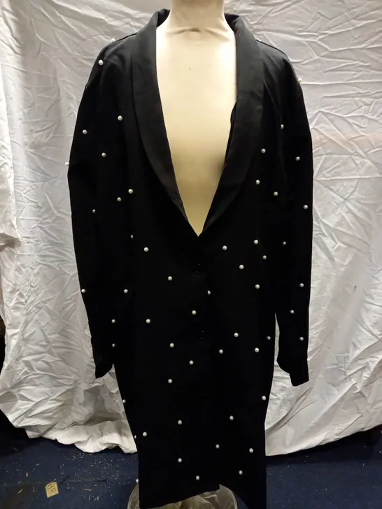 SAINT GENIES PEARL DETAIL BLACK LONG BLAZER - SIZE UK 24