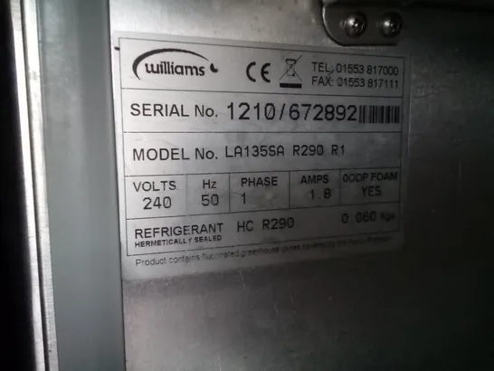 WILLIAMS LA135SA R290 R1 AMBER COMMERCIAL UNDER COUNTER FREEZER