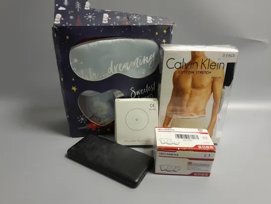 5 ASSORTED PRODUCTS TO INCLUDE HD CAMERA, CALVIN KLEIN LOW RISE TRUNKS PACK, NIGHT LIGHT 