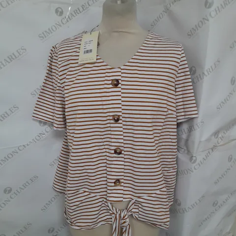 YUMI BUTTON UP TIE FRONT TSHIRT IN BROWN AND WITE STRIPE SIZE 14