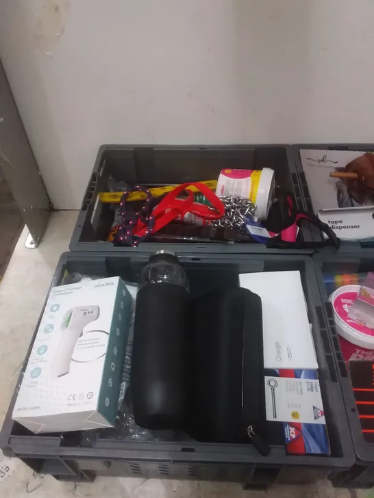 4 TOTES OF ASSORTED ITEMS INCLUDING, DOG WALKING ACCESSORIES, PASLODE NAILS, AIQURA INFARED FOREHEAD MONITOR AND ACCU-CHEK INSTANT GLUCOSE METER 