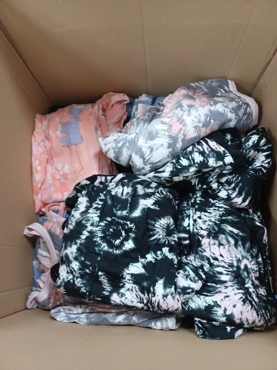 LARGE BOX OF ASSORTED CLOTHING ITEMS TOO INCLUDE TOPS , TROUSERS AND JUMPERS COMING IN DIFFERENT COLOURS AND SIZES 