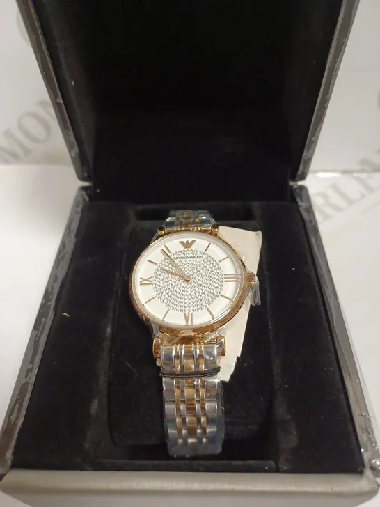 EMPORIO ARMANI SILVER WATCH WITH WHITE FACE AND SPARKLE STONES