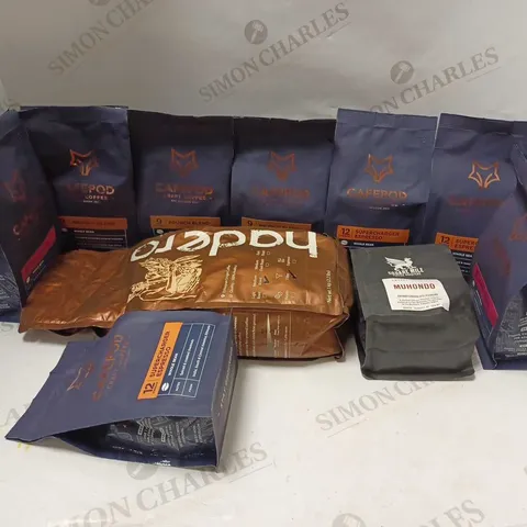 LOT OF APPROXMATELY 10 ITEMS TO INCLUDE 3 CAFEPOD CRAFT COFFEE SUPERCHARGER ESPRESSO ROASTED COFFEE BEANS (200g), HADERO MEDIUM ROAST COFFEE POWDER (1KG), SQUARE MILE COFFEE ROASTERS RWANDA ESPRESSO M