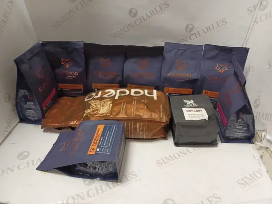 LOT OF APPROXMATELY 10 ITEMS TO INCLUDE 3 CAFEPOD CRAFT COFFEE SUPERCHARGER ESPRESSO ROASTED COFFEE BEANS (200g), HADERO MEDIUM ROAST COFFEE POWDER (1KG), SQUARE MILE COFFEE ROASTERS RWANDA ESPRESSO M