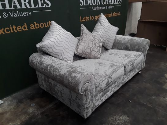 QUALITY SILVER FABRIC TWO SEATER SOFA ON CASTERS