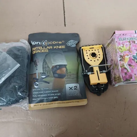 BOX OF ASSORTED HOUSE HOLD ITEMS TO INCLUDE MOUSE TRAP - KNEE BRACE - HUMMINGBIRD FEEDER 