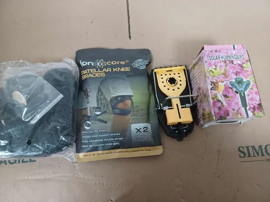 BOX OF ASSORTED HOUSE HOLD ITEMS TO INCLUDE MOUSE TRAP - KNEE BRACE - HUMMINGBIRD FEEDER 