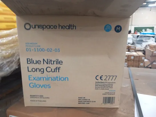 APPROXIMATELY 12 BOXES OF 1000 UNISPACE HEALTH MEDIUM BLUE NITRILE LONG CUFF EXAMINATION GLOVES (APPROXIMATELY 12,000 PAIRS IN TOTAL)