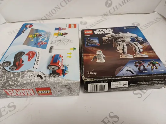 LOT OF 2 LEGO SETS INCLUDE SPIDER MAN CAR AND STORMTROOPER MECH