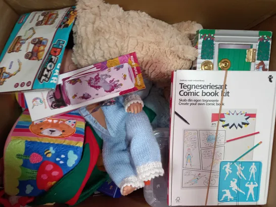 BOX OF APPROXIMATELY 20 ASSORTED TOYS AND GAMES TO INCLUDE SPRINGTIME FRIENDS KNITTING KIT, LONDON MOLE SUNGLASSES, PAW PATROL BATHTIME PUZZLES, ETC