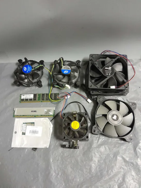 BOX OF APPROXIMATELY 9 COMPUTER PARTS TO INCLUDE - FANS - CPU - RAM