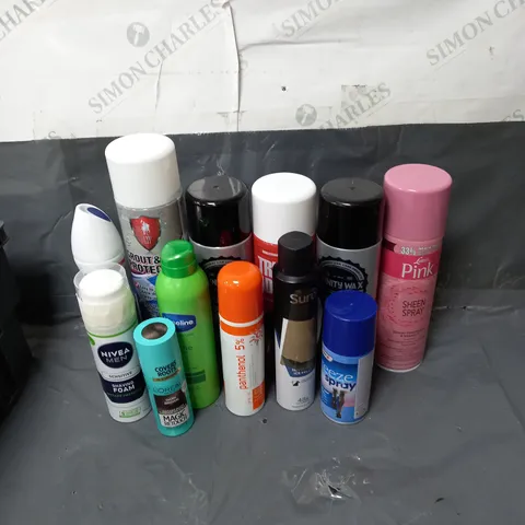 BOX OF APPROXIMATELY 10 ASSORTED AEROSOLS TO INCLUDE - LUSTERS PINK SHEEN SPRAY - INFINITY WAX AVENTUS BLAST CAN CAR SPRAY - MASTERPLAST FREEZE SPRAY - ETC - COLLECTION ONLY