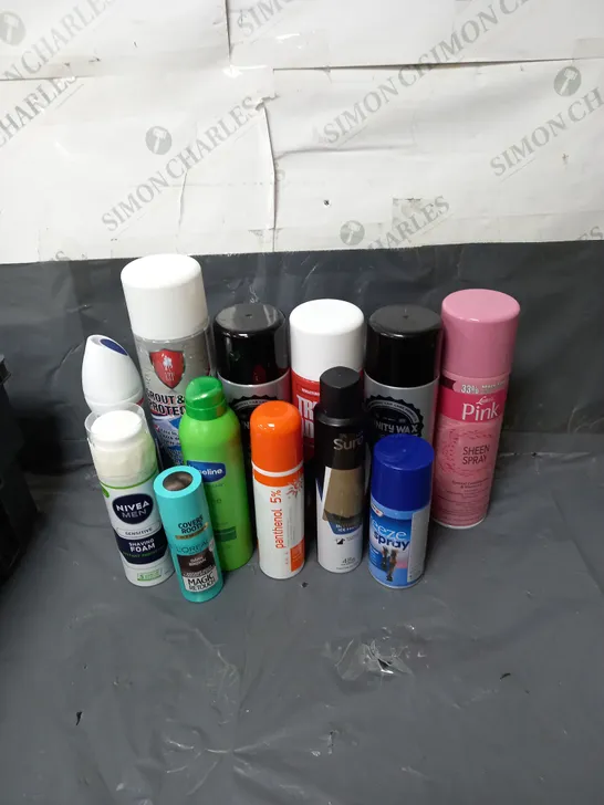 BOX OF APPROXIMATELY 10 ASSORTED AEROSOLS TO INCLUDE - LUSTERS PINK SHEEN SPRAY - INFINITY WAX AVENTUS BLAST CAN CAR SPRAY - MASTERPLAST FREEZE SPRAY - ETC - COLLECTION ONLY