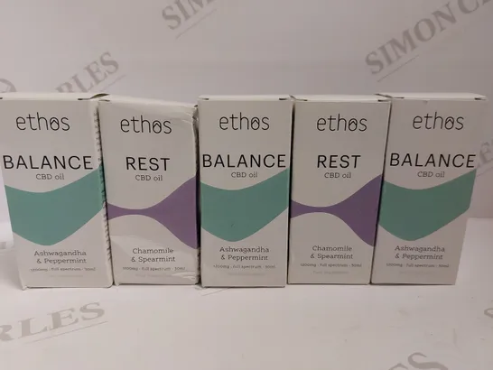 BOX OF 5 ETHOS CBD OILS TO INCLUDE REST AND BALANCE OILS