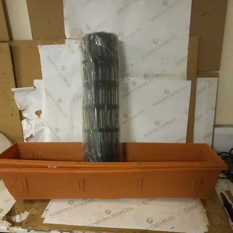 PAIR OF LONG PLASTIC PLANTERS AND GREEN GARDEN WIRE ROLL