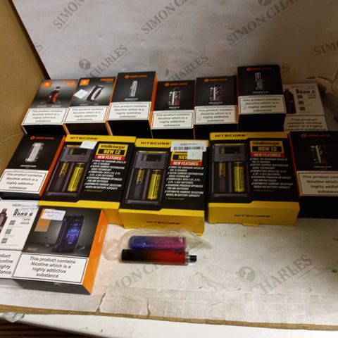 LOT OF APPROXIMATELY 15 E-CIGARATTES TO INCLUDE GEEKVAPE AEGIS X, AND NITECORE INTELLICHARGER ETC.