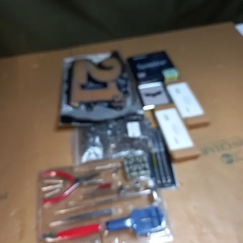 BOX OF ASSORTED ITEMS TO INCLUDE PENS, BIRTHDAY BANNERS AND CIGARETTE BOX