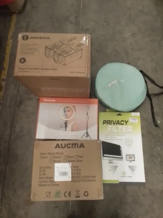 PALLET OF ASSORTED ITEMS INCLUDING DEEP FRYER WITH DOUBLE POTS, POP UP TENT, PRIVACY FILTER, 10" SELFIE RING LIGHT, STAND MIXER