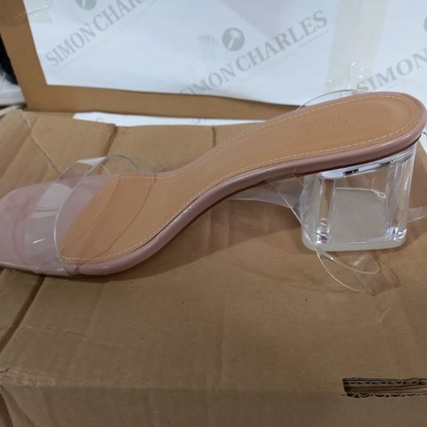 BOXED PAIR OF PRETTYLITTLETHING NUDE FLAT HEEL CLEAR STRAP SANDALS - UK 41