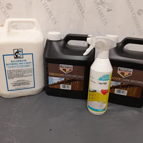 4 ASSORTED PRODUCTS TO INCLUDE MGC HALOPHANE BONDING SOLUTION 5-LITRE, BARTOLINE CREOCOTE DARK BROWN OIL-BASED TIMBER TREATMENT 4-LITRE